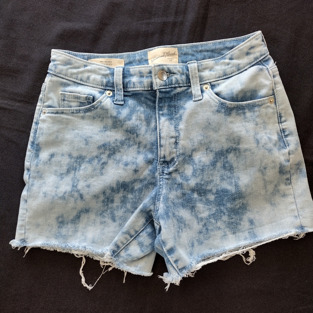 Universal Thread High Rise Midi Marble Wash Acid Denim Shorts Frayed Hem 0/25R